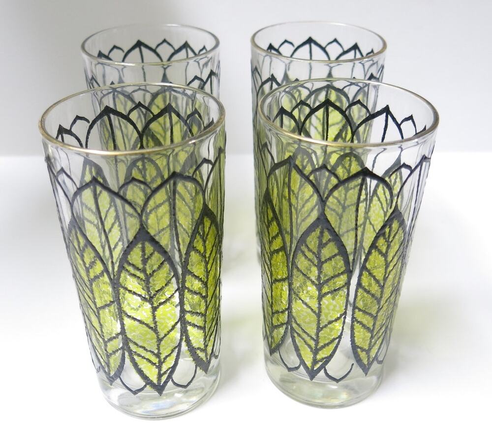 Vintage Continental Can Co Glasses Set 4 Stained Glass Leaf Gold Rim Retro